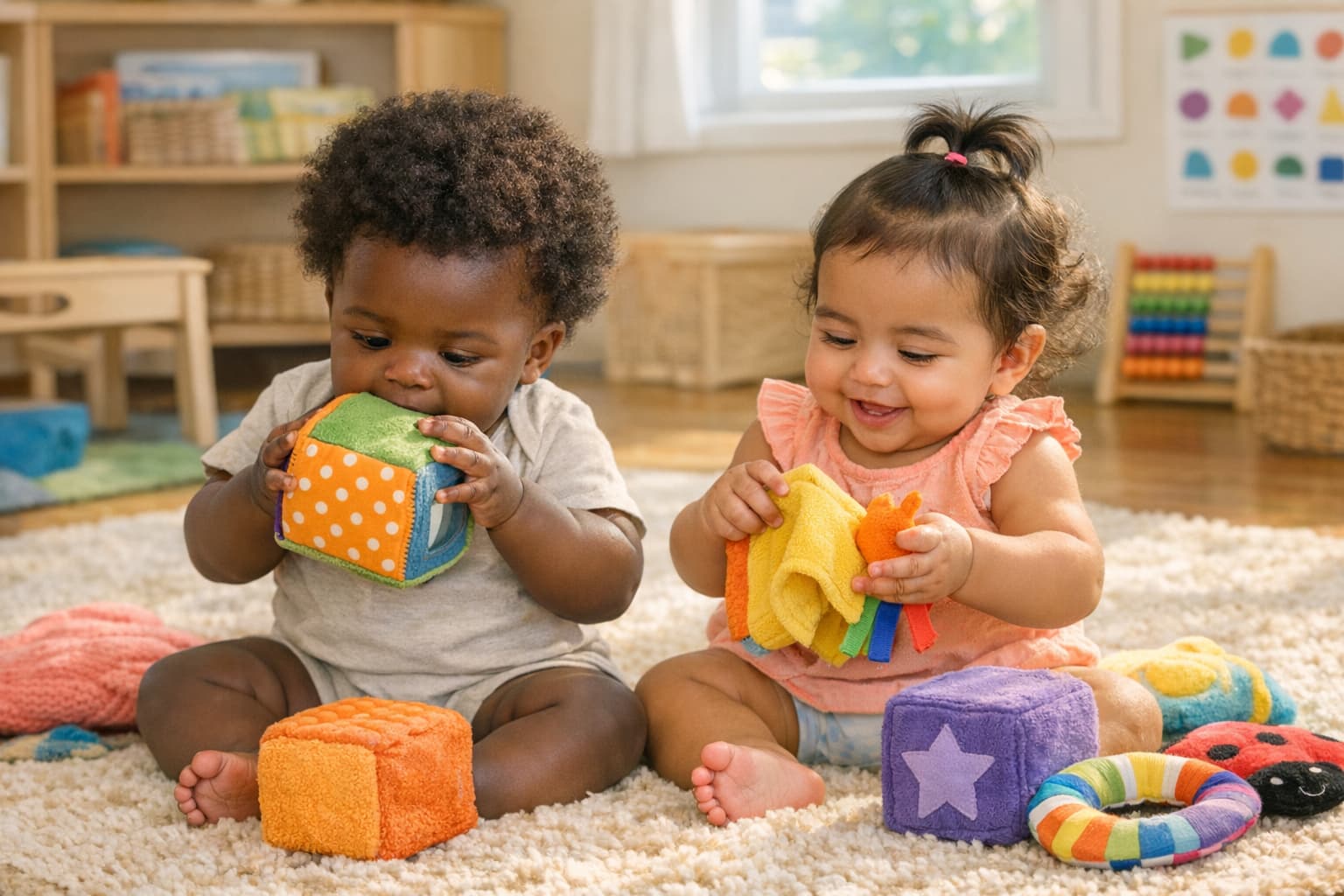 Black and brown infants playing together with sensory toys in a daycare classroom