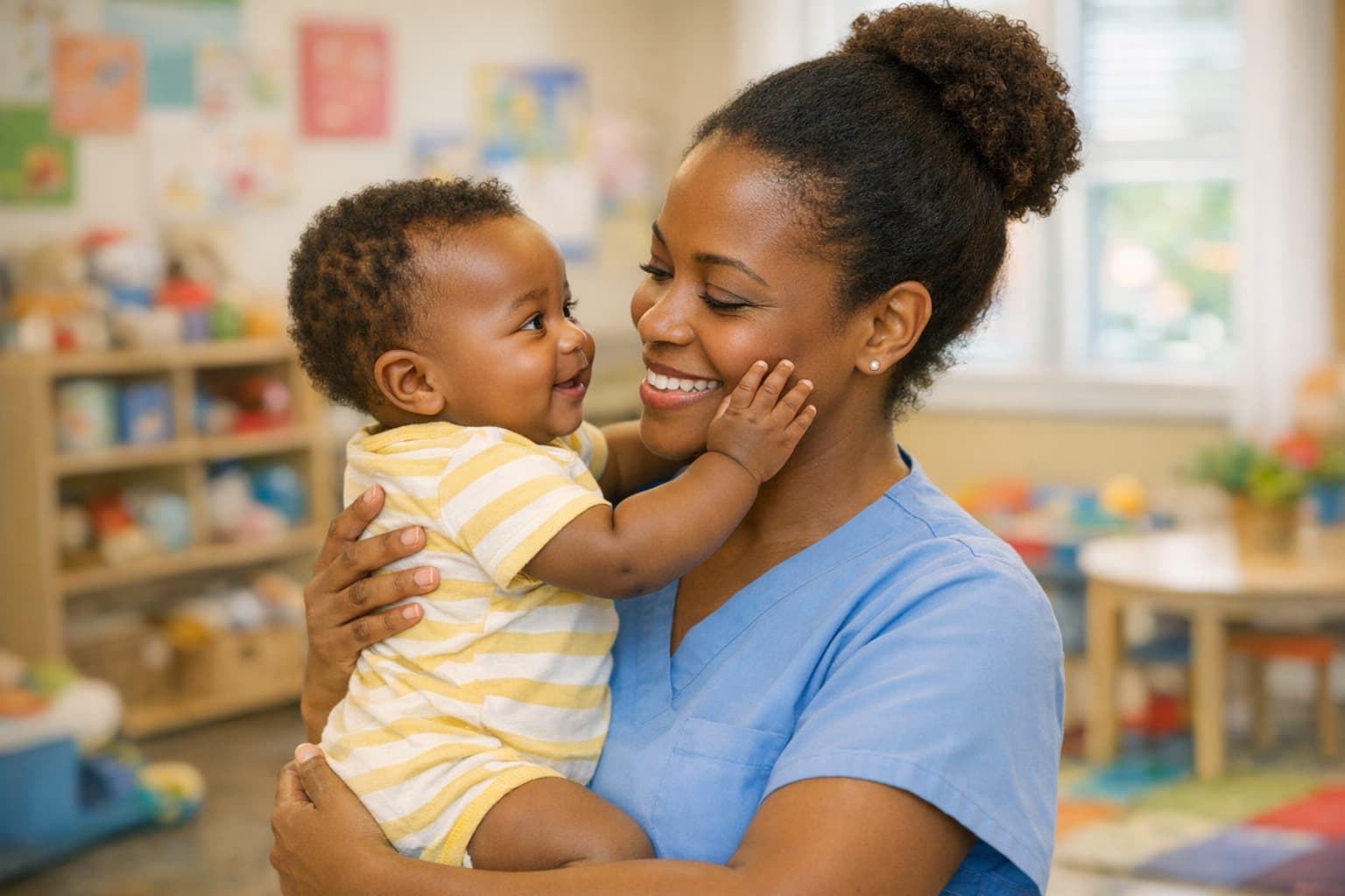 Black caregiver nurturing an infant in a warm daycare classroom at Bright Springs