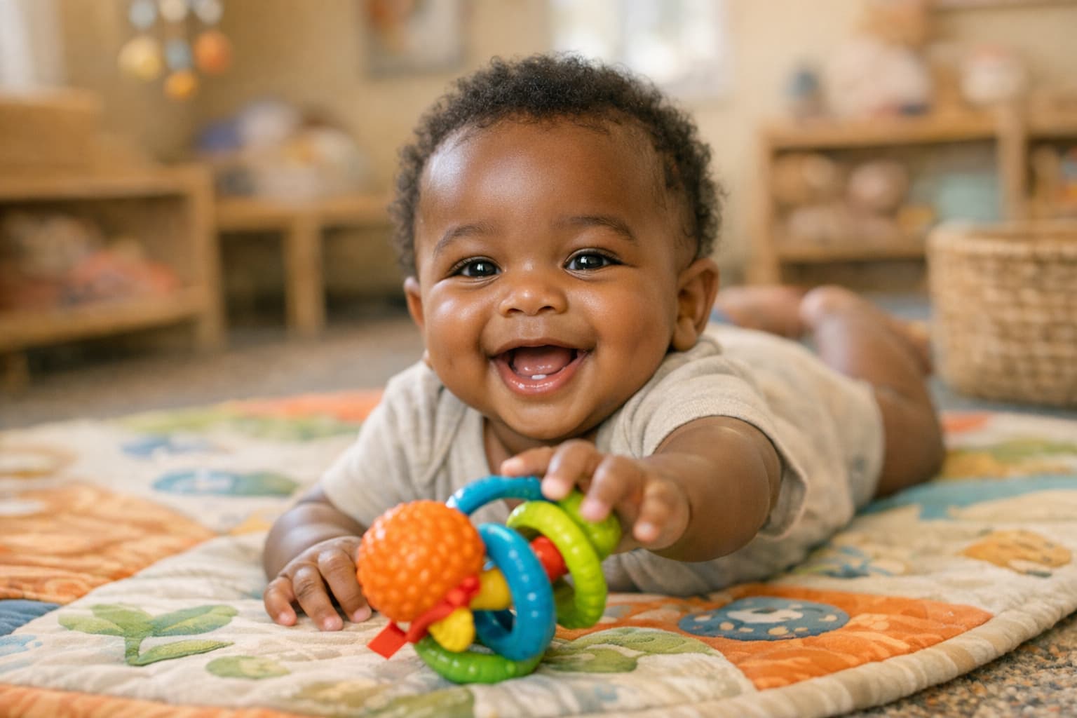 Black infant playing on a colorful sensory mat at a daycare