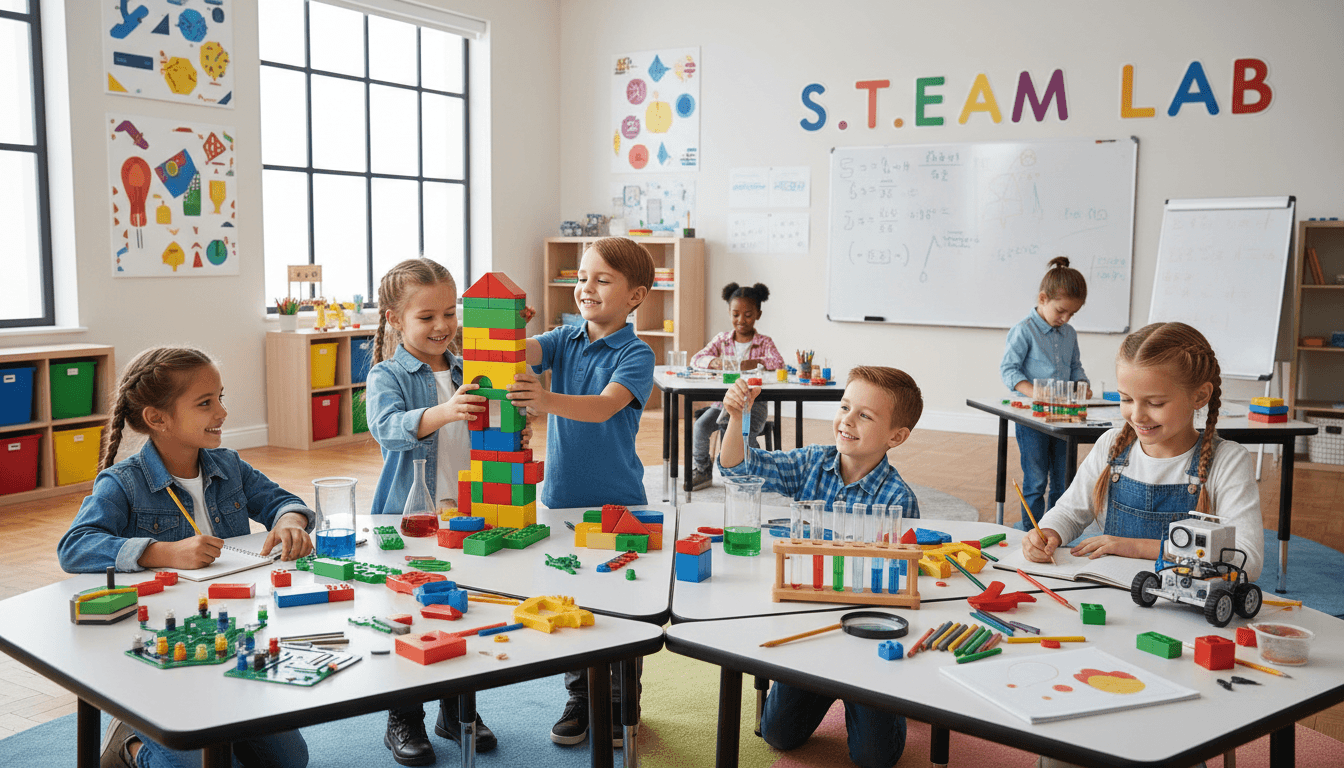 Children participating in interactive STEAM learning activity with building materials and educational tools