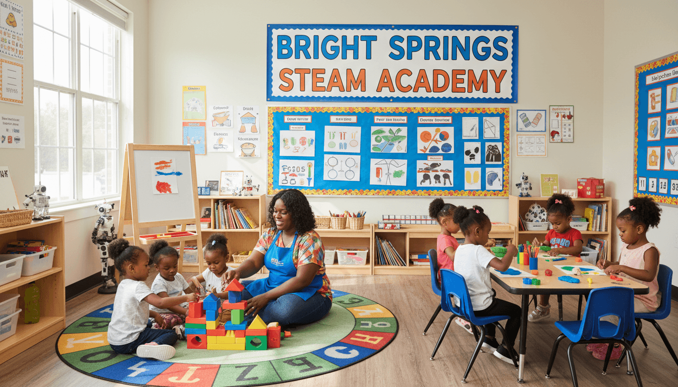 Black teacher engaging with children in STEAM activities at a vibrant daycare classroom.