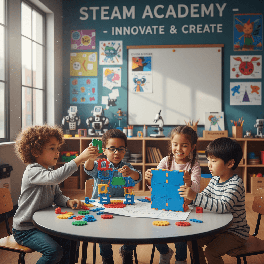 Group of children building and creating together with construction materials