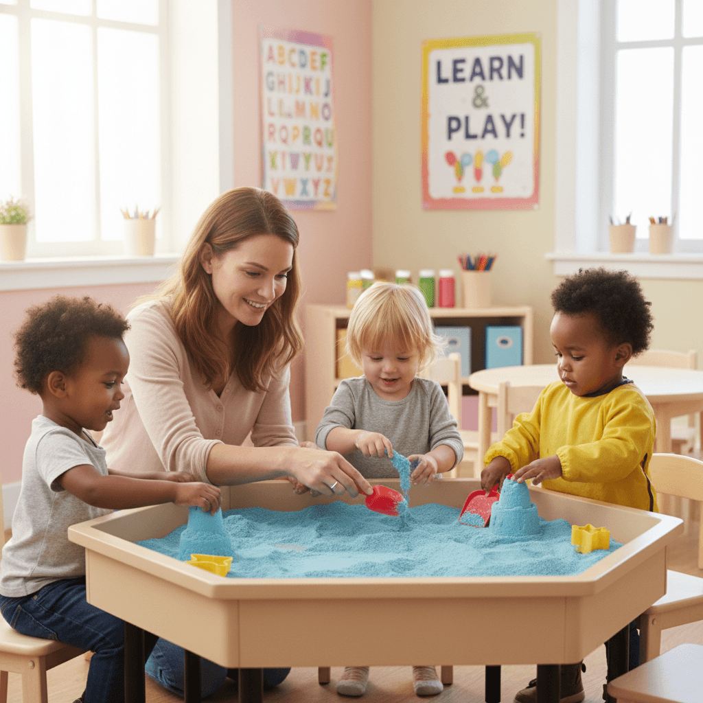 Toddlers engaging with kinetic sand at a sensory table with a caregiver in a daycare setting