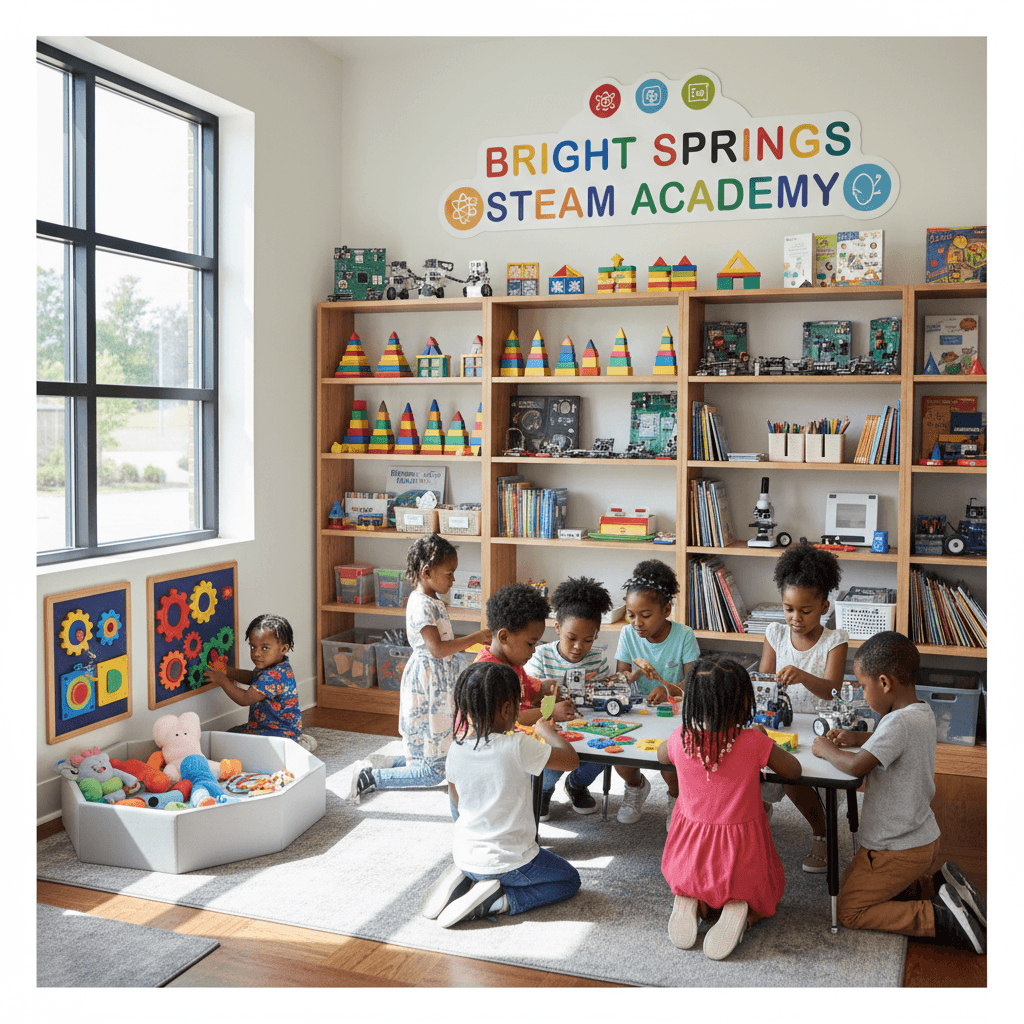 Organized classroom shelves with learning materials and children exploring