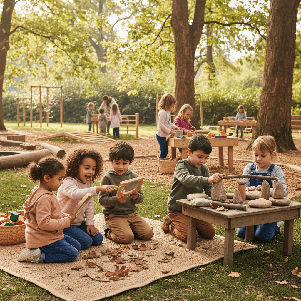 Children learning and exploring in the outdoor learning area