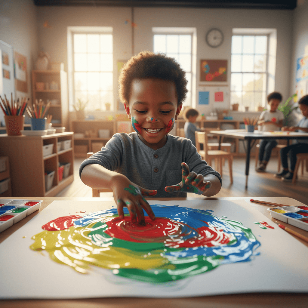 Young child with paint-covered hands creating an artwork