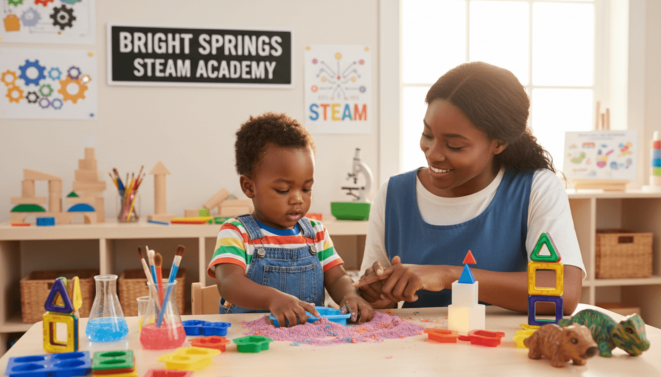 Black toddler exploring sensory STEAM activities with attentive Black caregiver at Bright Springs