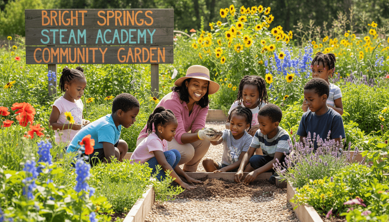 Black children tending a community flower garden with their teacher at Bright Springs