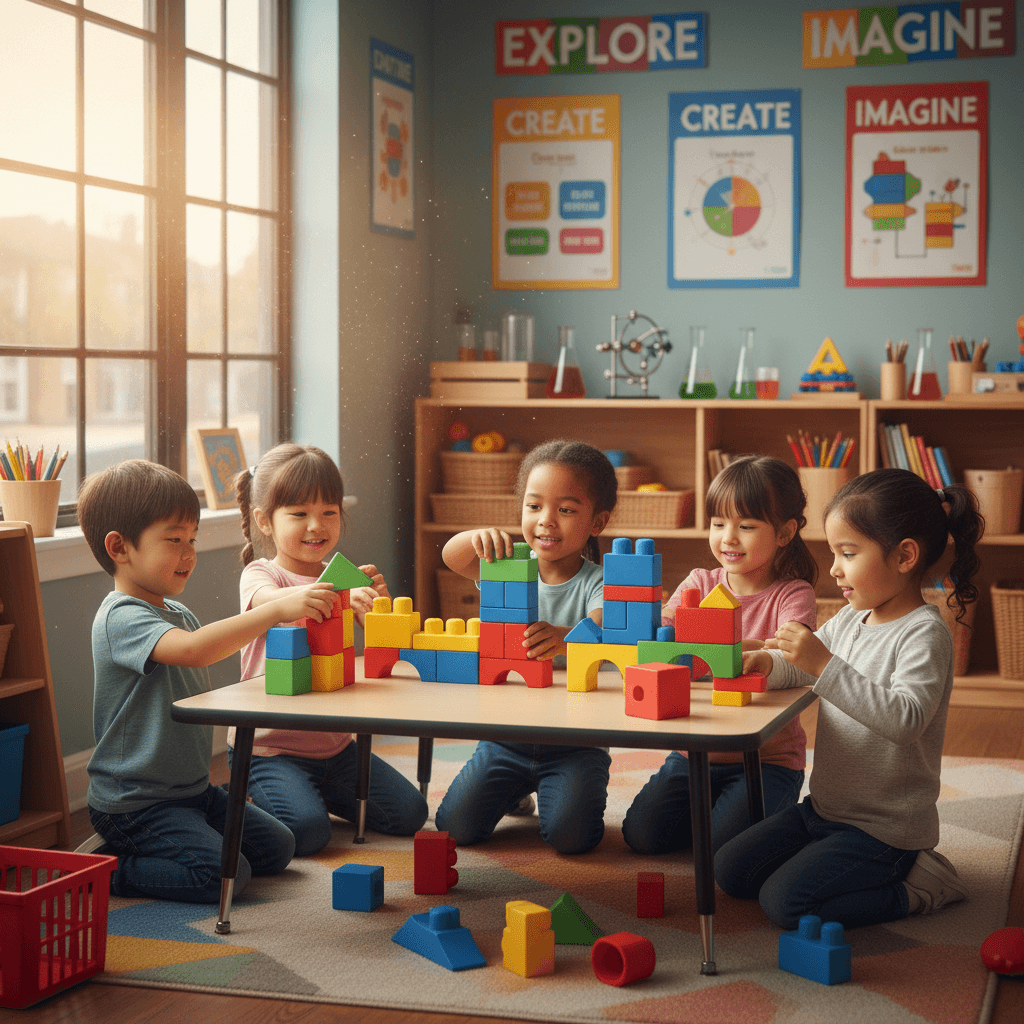 Young children building with blocks during STEAM learning time