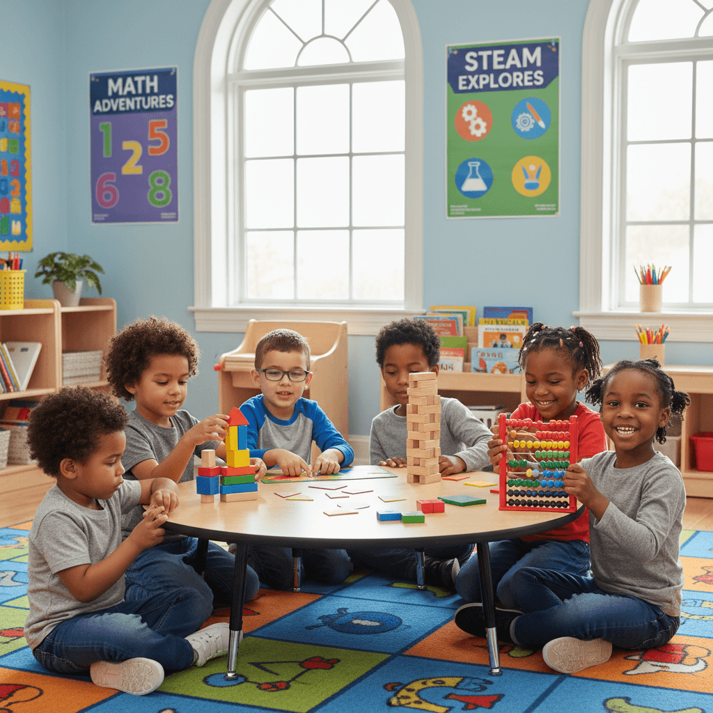 Children learning math with manipulatives in a bright, engaging classroom