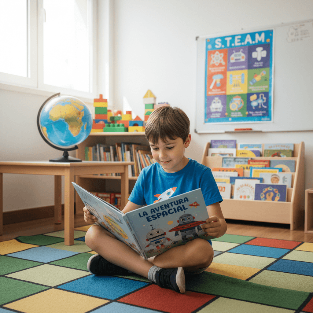 Child engaging with an interactive technology learning device with educator support