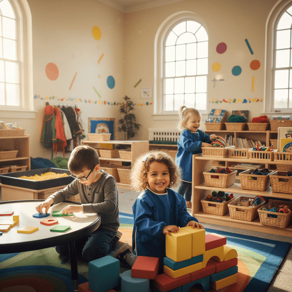 Children engaged in joyful, independent play-based learning activities
