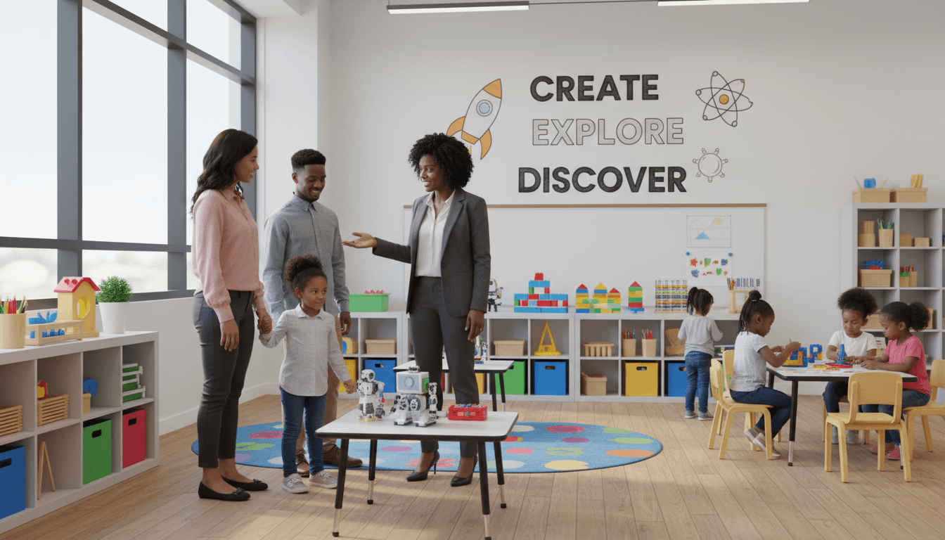 Children exploring science and engineering activities at a bright daycare center