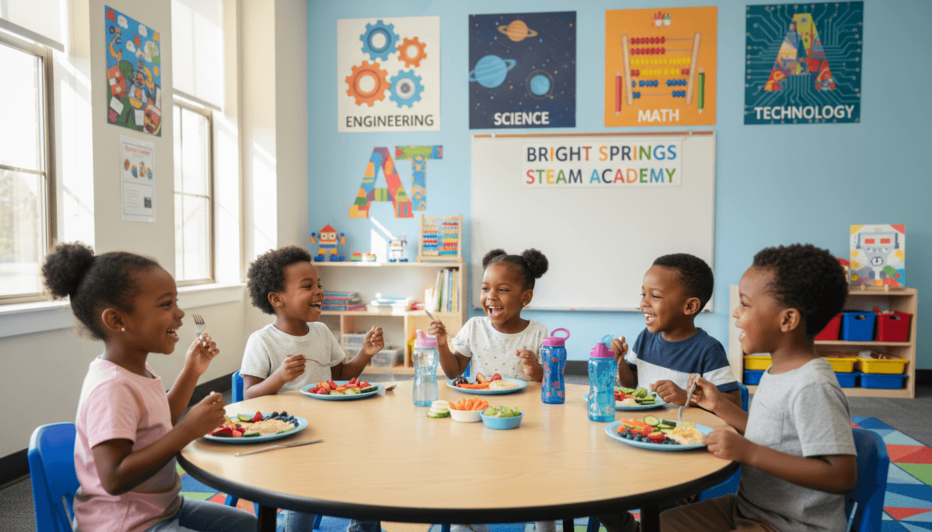 Black children eating healthy meals together at Bright Springs STEAM Academy in Decatur