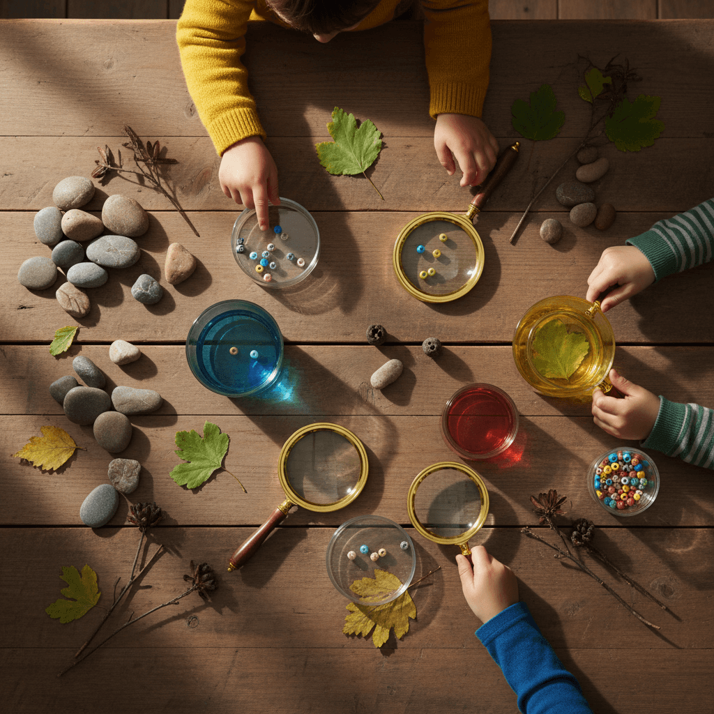 Hands-on science exploration with natural materials and magnifying glasses