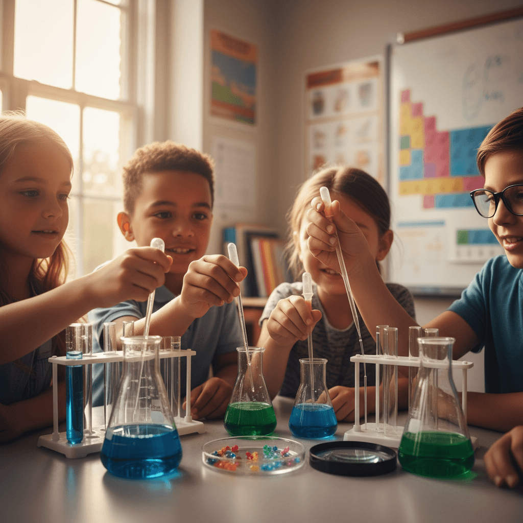 Children conducting a colorful volcano science experiment at a wooden table