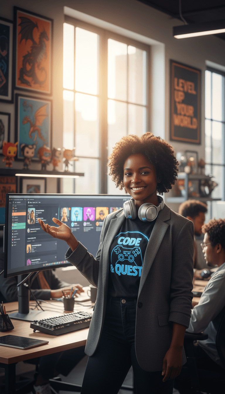 Female developer wearing headphones standing confidently near monitor displaying gaming community platform in modern office