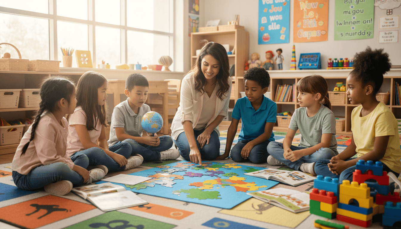 Group of children engaged in different types of learning activities simultaneously