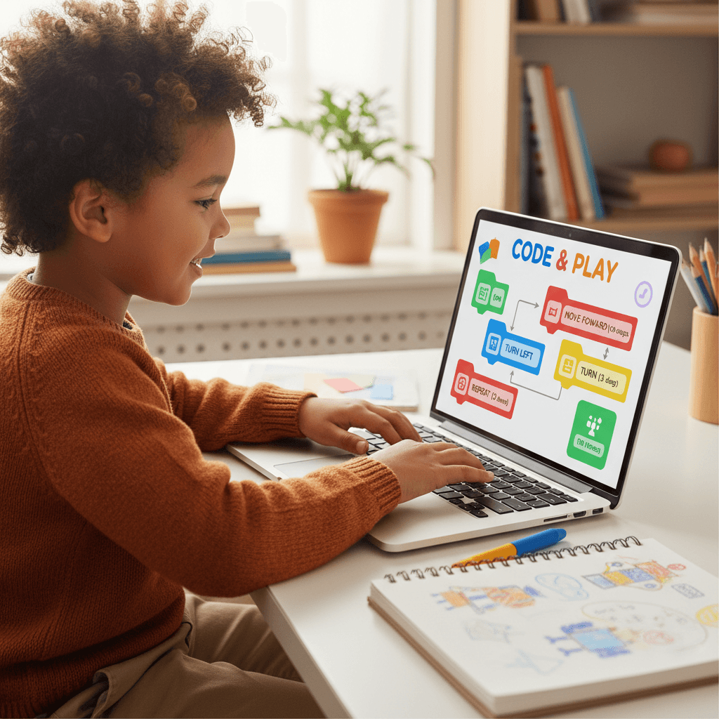 Young child's hands typing on laptop displaying colorful code blocks in a bright home learning workspace