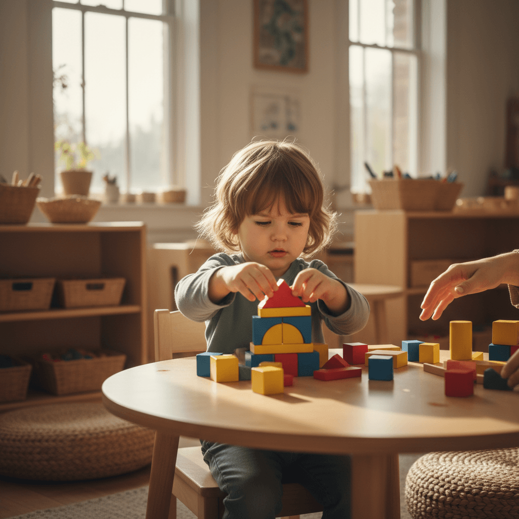 Children building together with blocks in a bright classroom