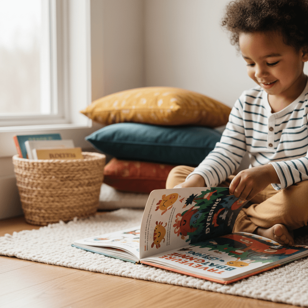 Children reading picture books together on cushions in a cozy reading corner