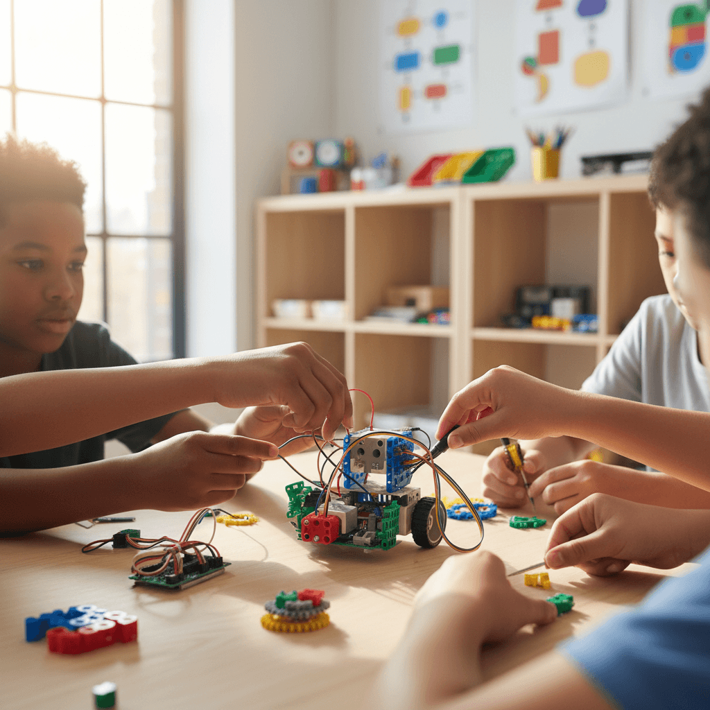 Children building simple machines with blocks and gears in a collaborative STEAM project