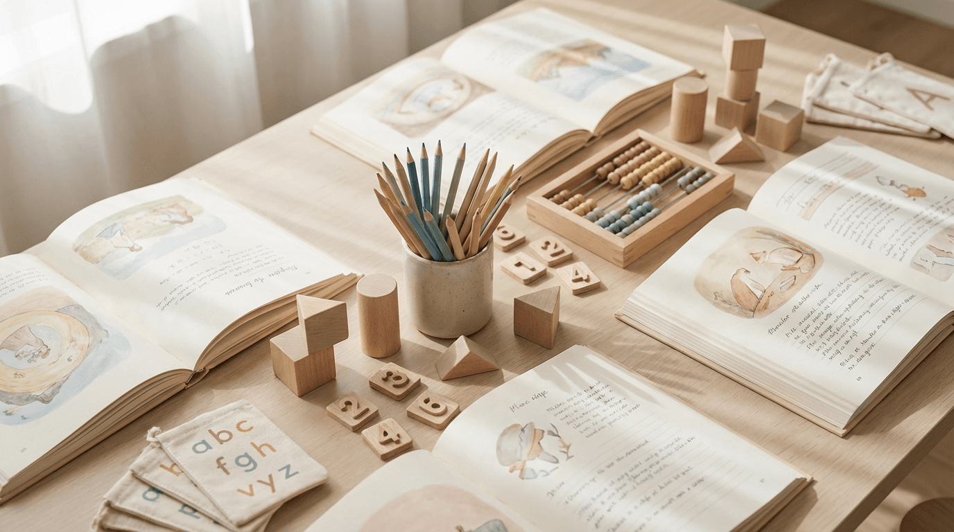 Child sorting and arranging colorful counting objects for math learning