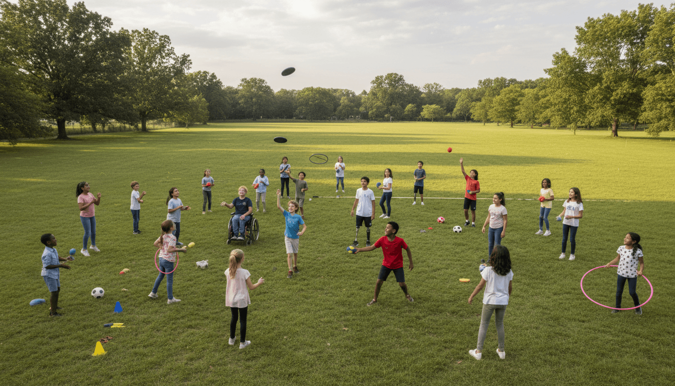Children playing outdoors on grass with climbing structures and natural elements