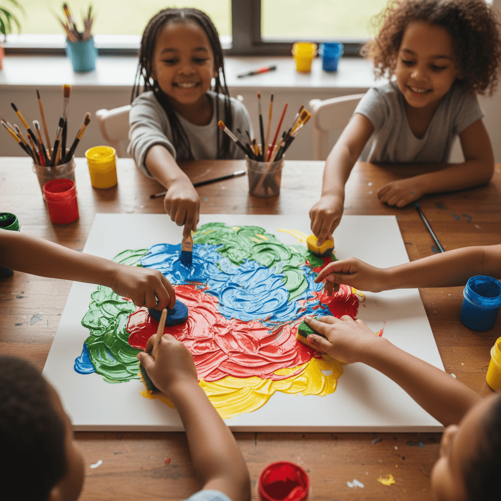 Children's hands creating colorful art projects with markers and paintbrushes