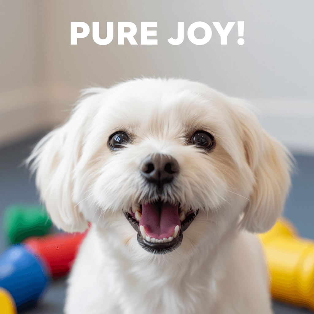 Close-up of joyful small dog's face showing bright eyes and happy expression during playful engagement