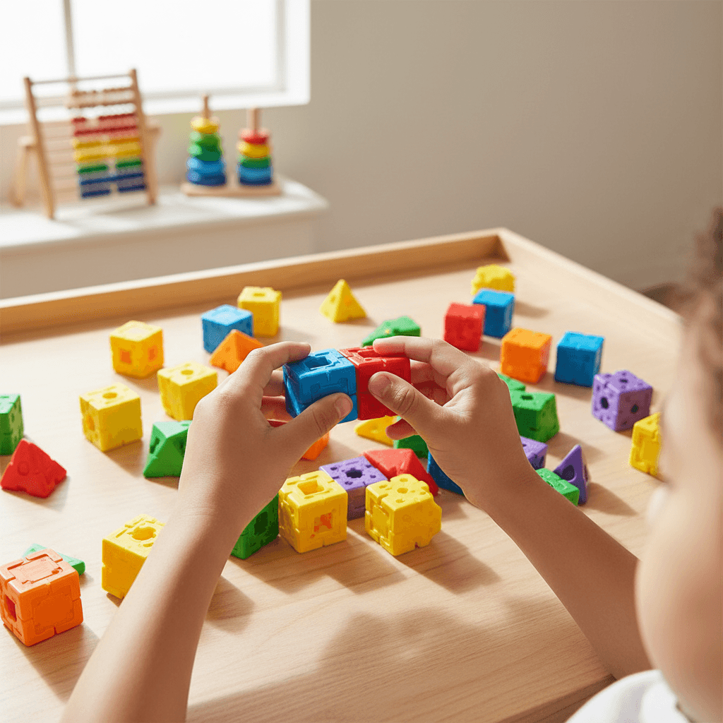 Child's hands actively building and stacking colorful construction blocks